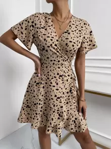 SHEIN LUNE Dalmatian Print Butterfly Sleeve Ruffle Trim Wrap Knot Side Dress - Khaki - View 6