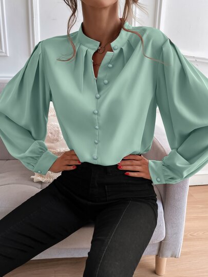 SHEIN Unity Blouse boutonnée à manches d'évêque, hauts à manches longues