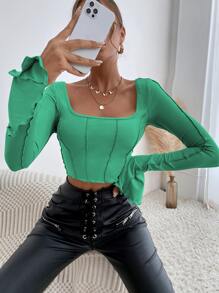 SHEIN Privé 後綁帶木耳邊短款上衣 - 綠色 - 查看 3