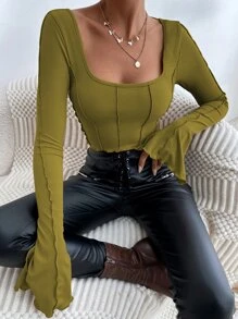 SHEIN Unity Áo thun nữ Lộ Lưng Xù nhỏ Buộc lại màu trơn Giải trí - Màu xanh Ô liu - Xem 1