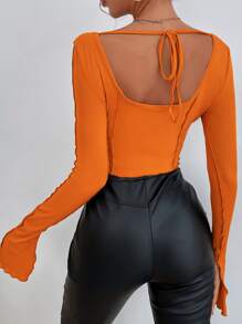 SHEIN Privé Áo thun nữ Xù nhỏ Chia Buộc lại màu trơn Giải trí - Màu Cam cháy - Xem 2