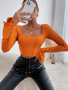 SHEIN Privé Áo thun nữ Xù nhỏ Chia Buộc lại màu trơn Giải trí - Màu Cam cháy - Xem 5