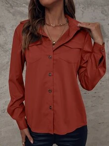 SHEIN Essnce 翻蓋口袋前紐扣襯衫 - 鏽棕色 - 查看 3