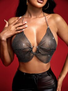 Áo hai dây Lộ Lưng Pha lê kim cương Nhẫn màu trơn Gợi cảm - màu đen - Xem 4