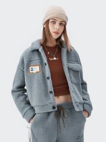 Drop Shoulder Flap Pocket Patch Detail Teddy Jacket - Dusty Blue - View 1
