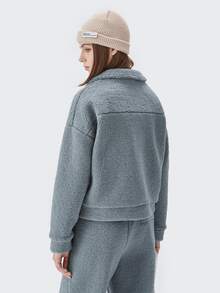 Drop Shoulder Flap Pocket Patch Detail Teddy Jacket - Dusty Blue - View 2