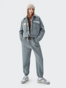 Drop Shoulder Flap Pocket Patch Detail Teddy Jacket - Dusty Blue - View 3