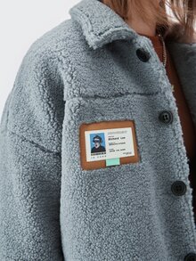 Drop Shoulder Flap Pocket Patch Detail Teddy Jacket - Dusty Blue - View 4