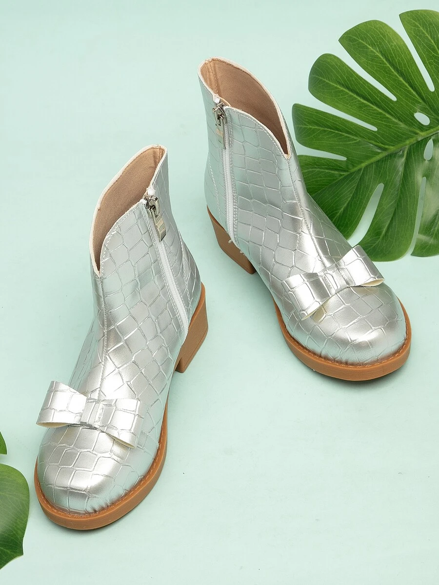 Niñas Botas con diseño de lazo con textura con cremallera lateral - Plateado - Ver 1