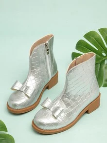 Niñas Botas con diseño de lazo con textura con cremallera lateral - Plateado - Ver 3