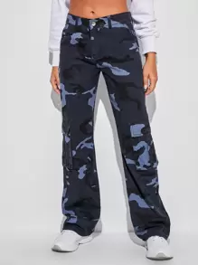 Camo Print Flap Pocket Side Cargo Jeans - Multicolor - View 1
