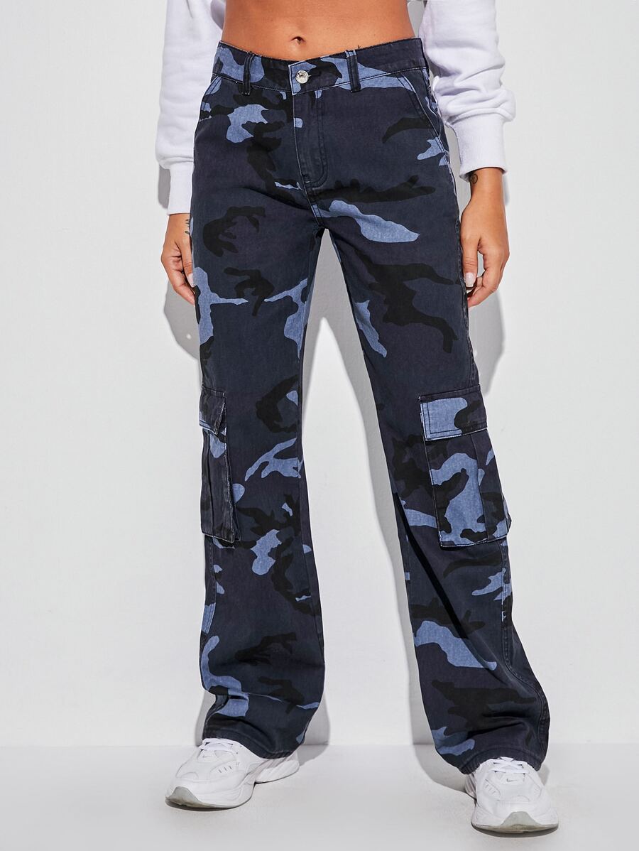 Camo Print Flap Pocket Side Cargo Jeans - Multicolor - View 1