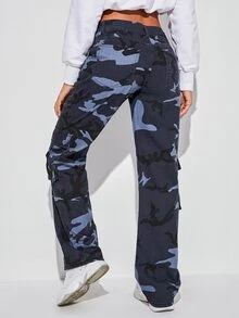 Camo Print Flap Pocket Side Cargo Jeans - Multicolor - View 2