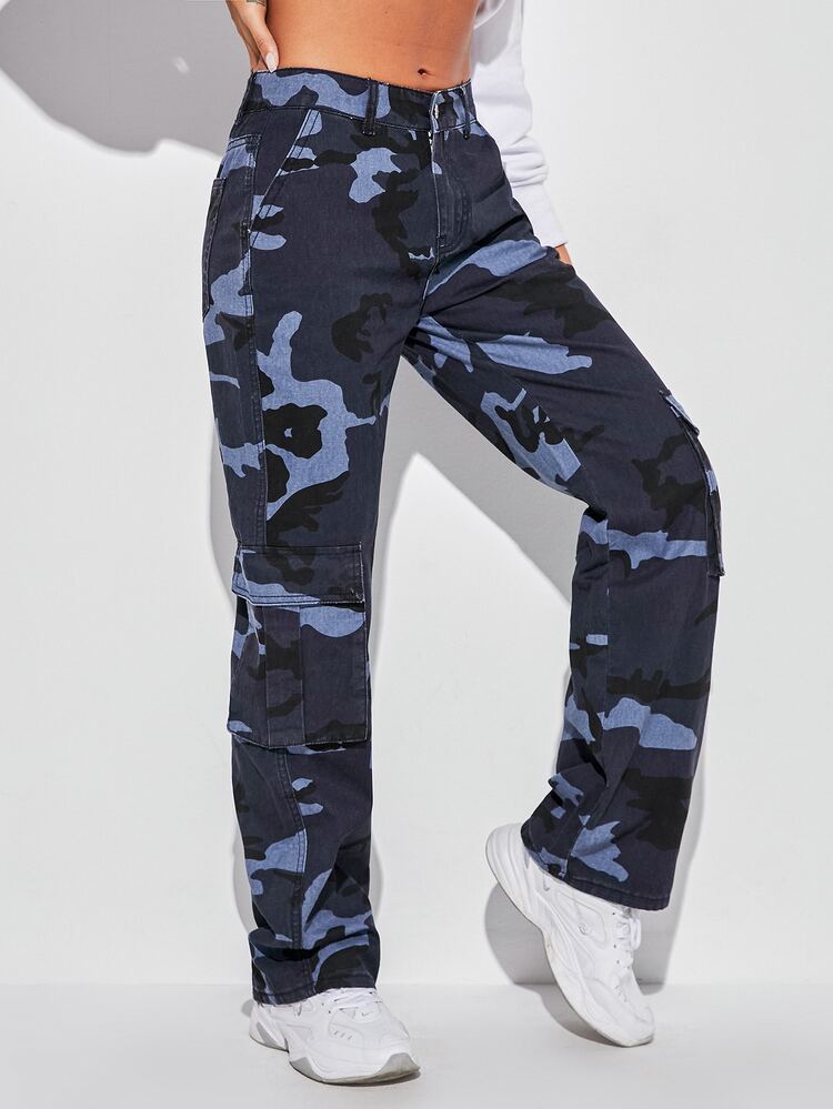 Camo Print Flap Pocket Side Cargo Jeans - Multicolor - View 3