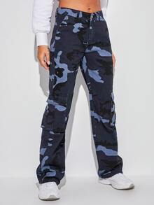 Camo Print Flap Pocket Side Cargo Jeans - Multicolor - View 4