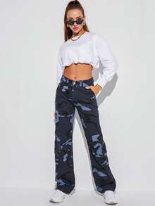 Camo Print Flap Pocket Side Cargo Jeans - Multicolor - View 5