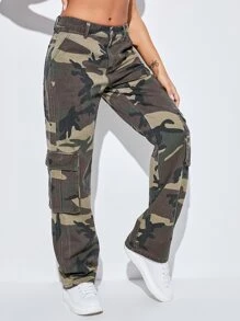 Camo Print Flap Pocket Side Cargo Jeans - Multicolor - View 3