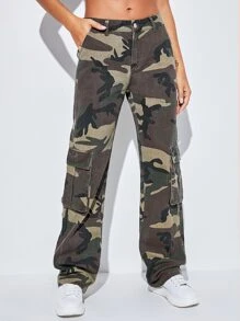 Camo Print Flap Pocket Side Cargo Jeans - Multicolor - View 4