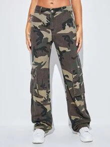 Camo Print Flap Pocket Side Cargo Jeans - Multicolor - View 5