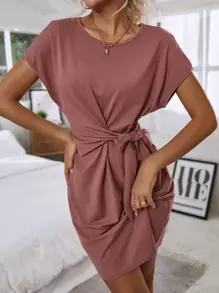 SHEIN LUNE Knot Side Solid Batwing Sleeve Dress - Redwood - View 3