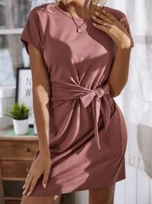 SHEIN LUNE Knot Side Solid Batwing Sleeve Dress - Redwood - View 4