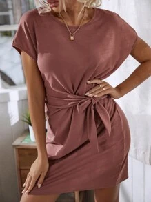 SHEIN LUNE Knot Side Solid Batwing Sleeve Dress - Redwood - View 6