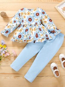 小女童印花前蝴蝶結荷葉袖上衣和緊身打底褲 - 彩色 - 查看 2