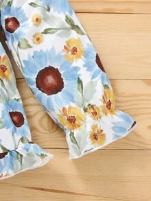 小女童印花前蝴蝶結荷葉袖上衣和緊身打底褲 - 彩色 - 查看 3