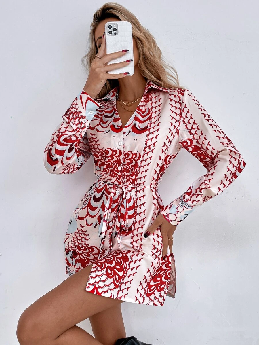 Áo sơ mi nữ Thắt lưng Nút phía trước Tất cả trên in Thanh lịch - Nhiều màu - Xem 1