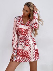 Áo sơ mi nữ Thắt lưng Nút phía trước Tất cả trên in Thanh lịch - Nhiều màu - Xem 3