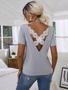 Floral Lace Crisscross Tee - Light Grey - View 2