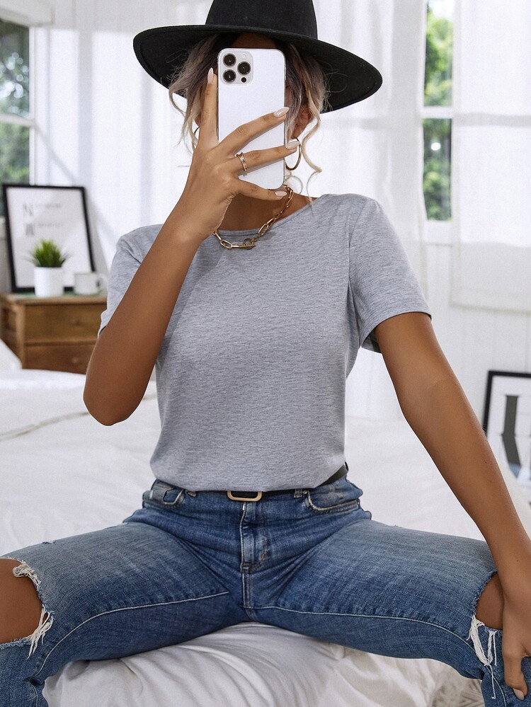 Floral Lace Crisscross Tee - Light Grey - View 3