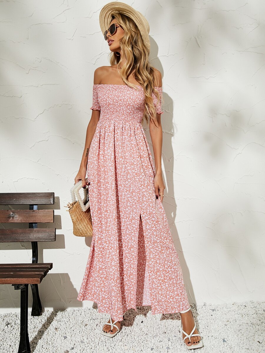 SHEIN VCAY Ditsy Floral Off Shoulder Shirred Split Thigh Dress - Watermelon Pink - View 1