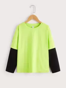 SHEIN Boys Neon Green Colourblock Tee - Lime Green - View 1