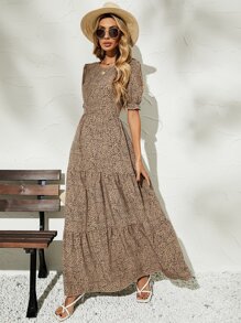 Breezaya Vestido con estampado de lunares de manga farol bajo con fruncido - Multicolor - Ver 1