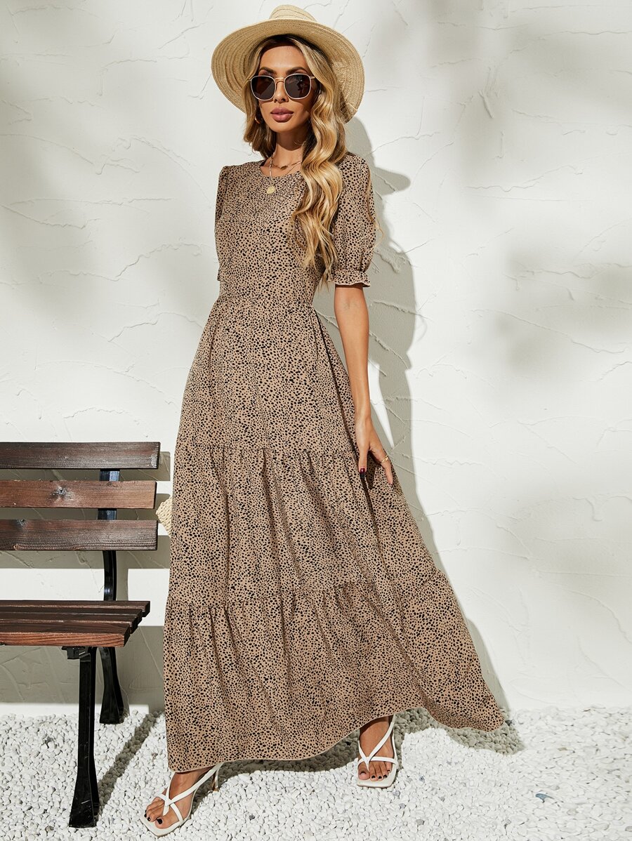 Breezaya Vestido con estampado de lunares de manga farol bajo con fruncido - Multicolor - Ver 1