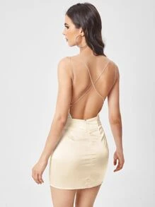 SHEIN BAE Đầm Lộ Lưng Hội Chữ thập Vắt Pha lê kim cương Dây kéo màu trơn Gợi cảm - Màu be - Xem 2