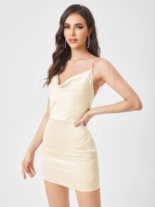 SHEIN BAE Đầm Lộ Lưng Hội Chữ thập Vắt Pha lê kim cương Dây kéo màu trơn Gợi cảm - Màu be - Xem 4