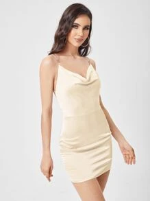 SHEIN BAE Đầm Lộ Lưng Hội Chữ thập Vắt Pha lê kim cương Dây kéo màu trơn Gợi cảm - Màu be - Xem 5