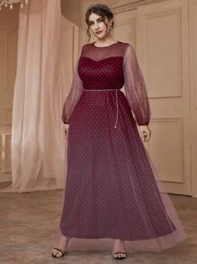 SHEIN Belle 勃艮第红加灯笼袖系带网纱礼服 - 酒紅色 - 查看 1