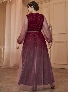 SHEIN Belle 勃艮第红加灯笼袖系带网纱礼服 - 酒紅色 - 查看 2