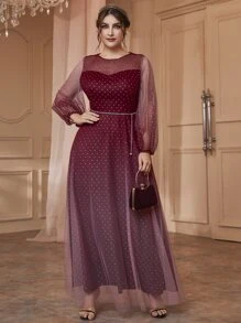 SHEIN Belle 勃艮第红加灯笼袖系带网纱礼服 - 酒紅色 - 查看 3