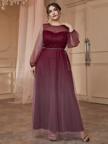SHEIN Belle 勃艮第红加灯笼袖系带网纱礼服 - 酒紅色 - 查看 5