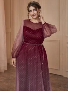 SHEIN Belle 勃艮第红加灯笼袖系带网纱礼服 - 酒紅色 - 查看 6