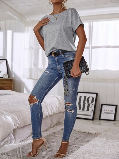 SHEIN LUNE Batwing Sleeve Solid Tee