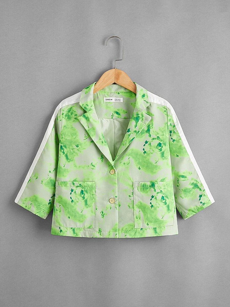 SHEIN 小女童紮染西裝領雙口袋前外套