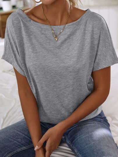 SHEIN LUNE تي شيرت أكمام خفاش لون سادة