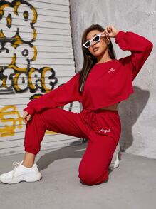 SHEIN EZwear Letter Graphic Pullover & Drawstring Joggers Set - Red - View 1