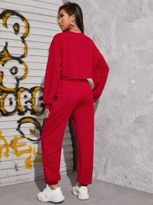 SHEIN EZwear Letter Graphic Pullover & Drawstring Joggers Set - Red - View 2