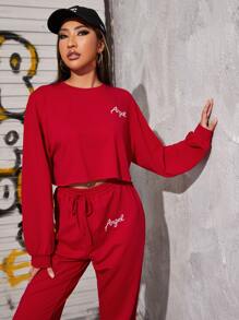 SHEIN EZwear Letter Graphic Pullover & Drawstring Joggers Set - Red - View 3